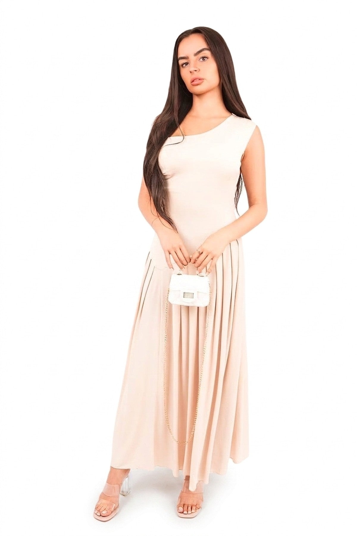 Tylah Short Sleeve Pleated Relaxed Maxi Dress - Beige