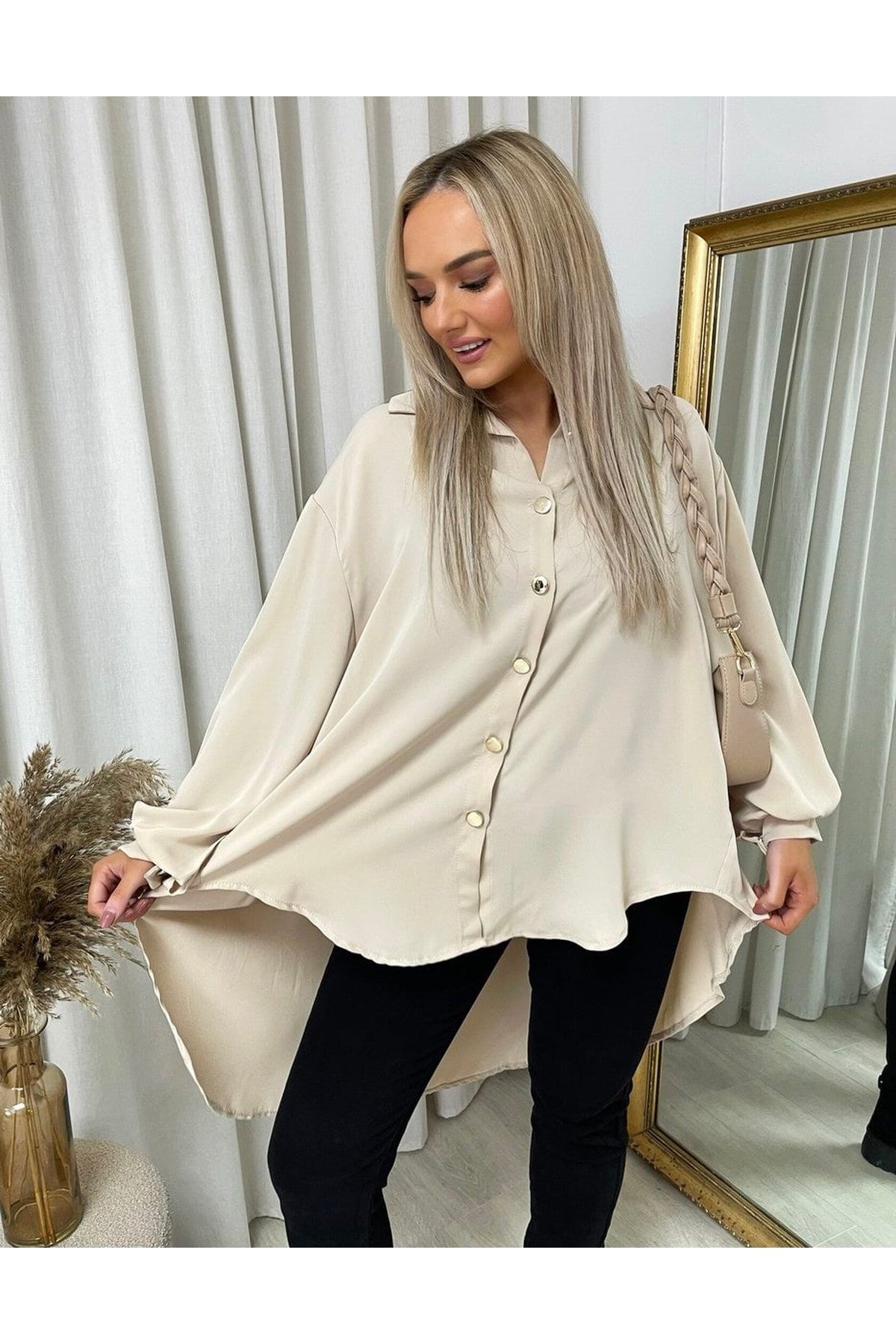 Sienna Oversized Collared Button Down Top - Beige