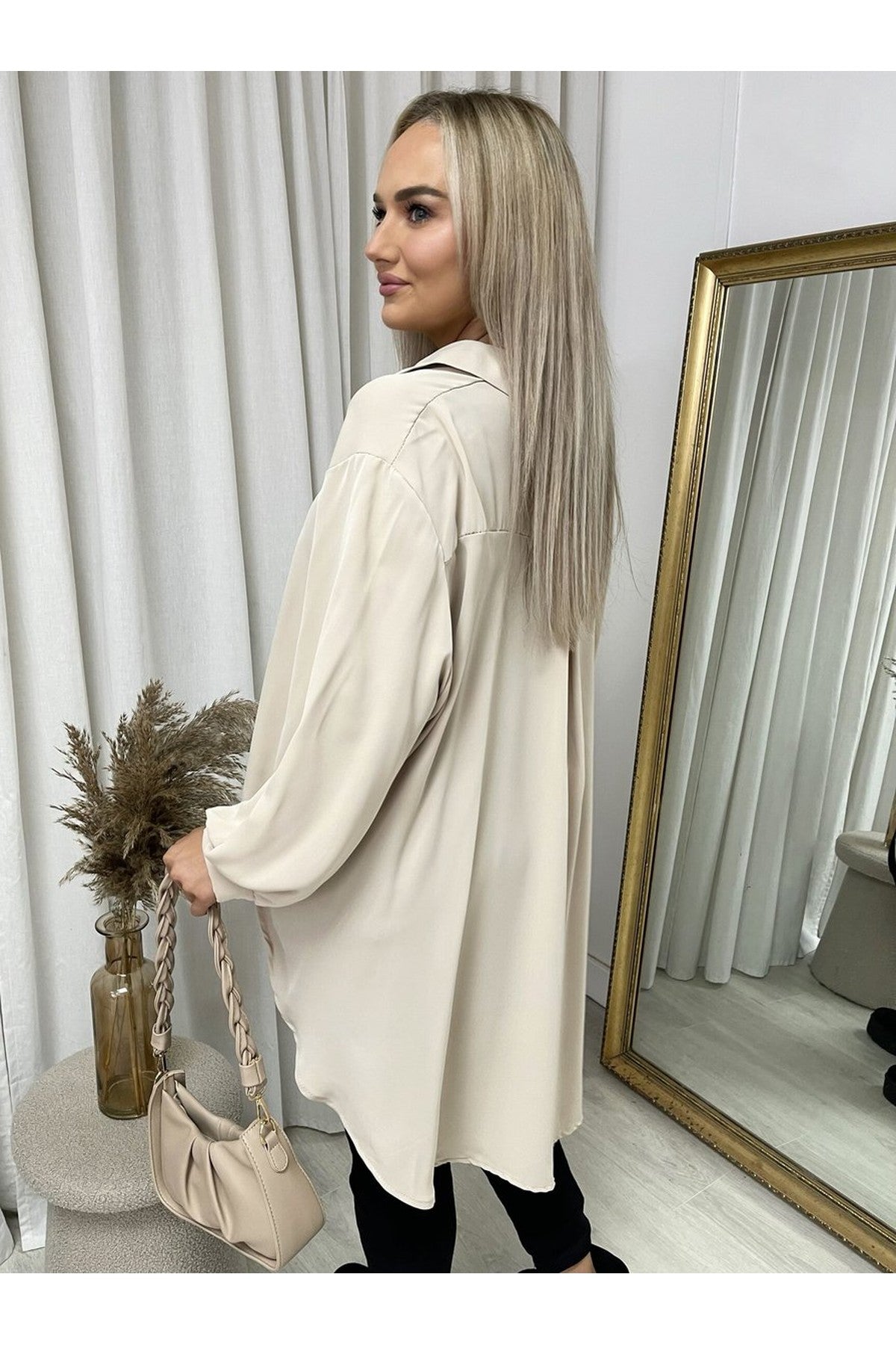 Sienna Oversized Collared Button Down Top - Beige