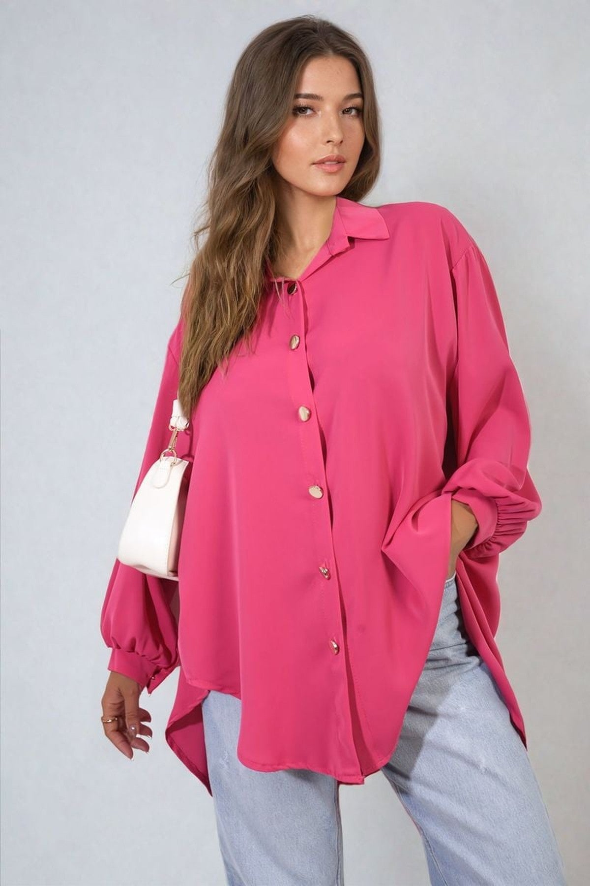 Sienna Oversized Collared Button Down Top - Fuschia