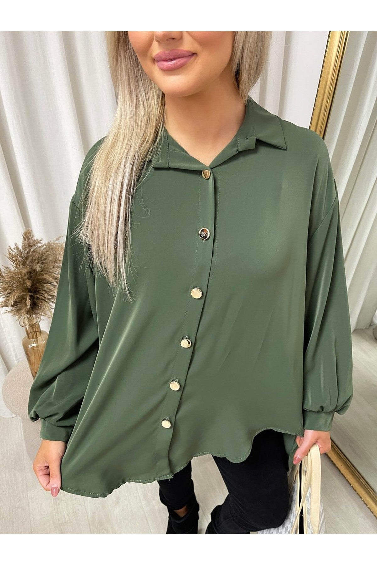 Sienna Oversized Collared Button Down Top - Khaki