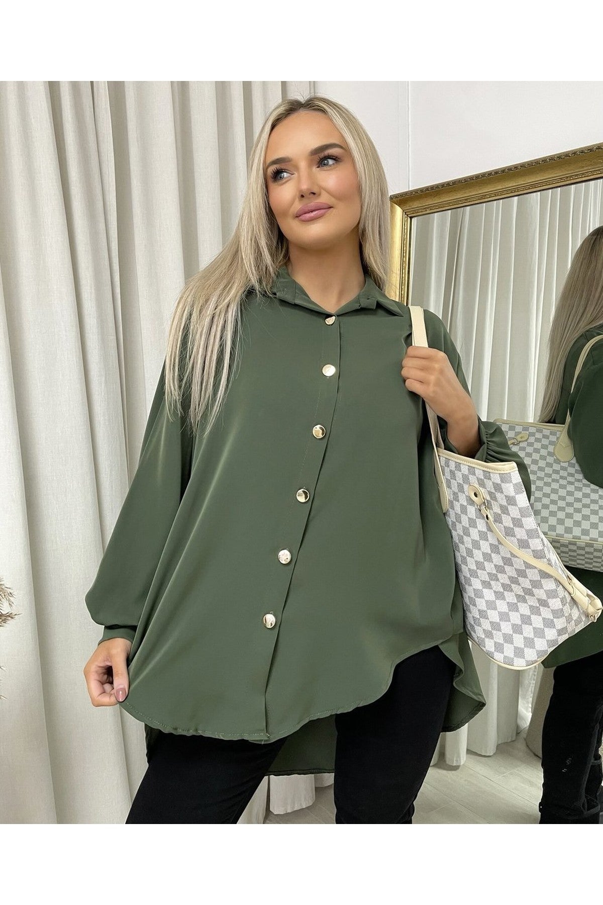 Sienna Oversized Collared Button Down Top - Khaki