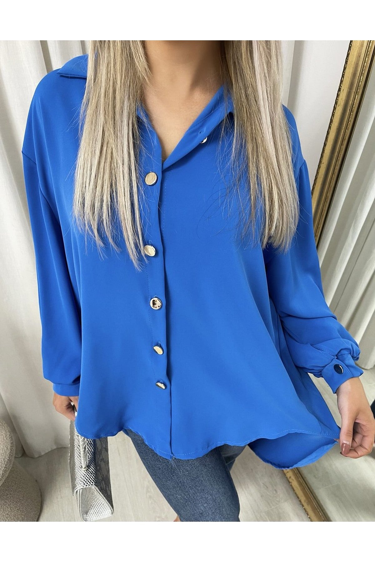 Sienna Oversized Collared Button Down Top - Royal