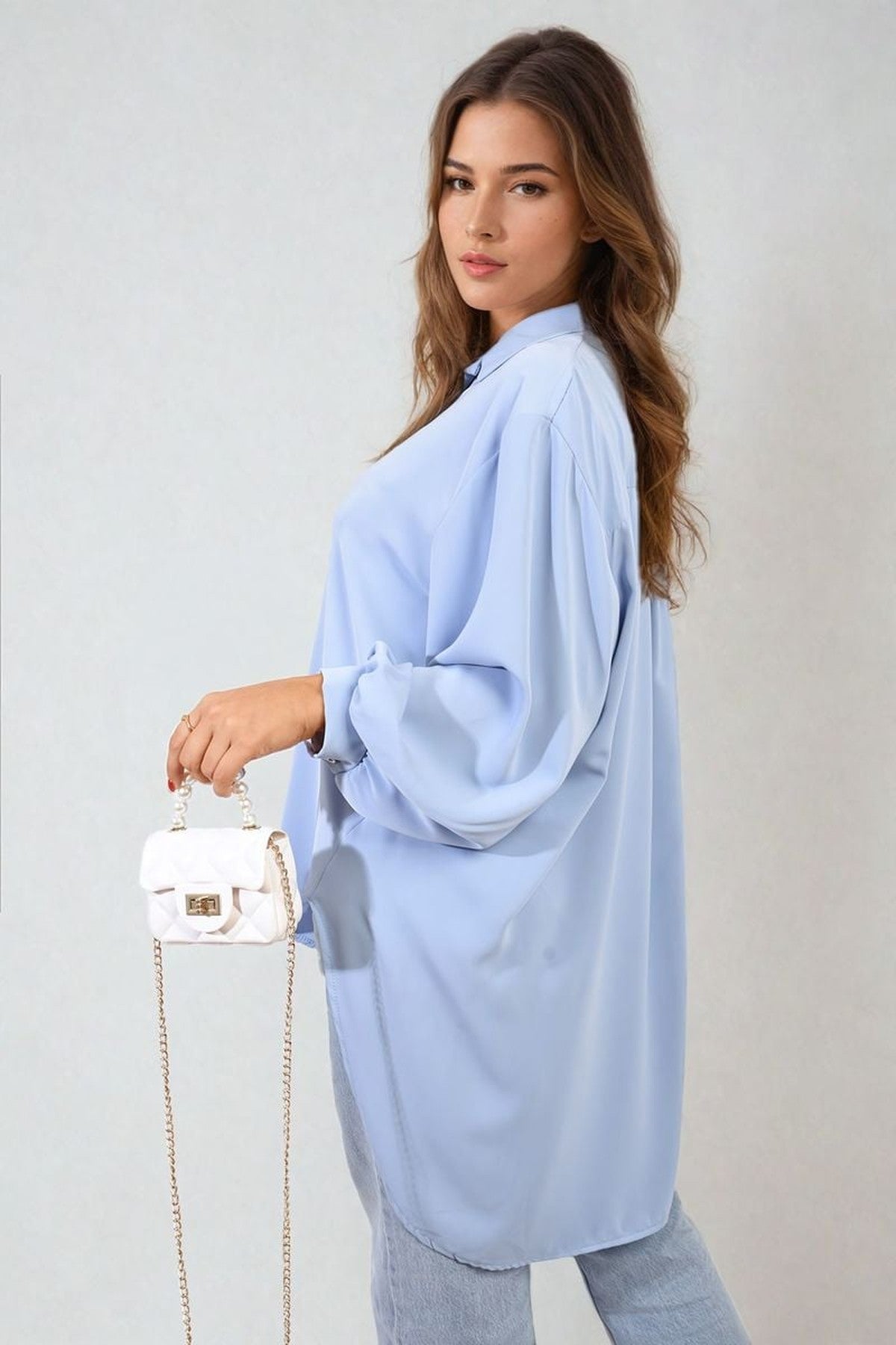 Sienna Oversized Collared Button Down Top - Sky Blue