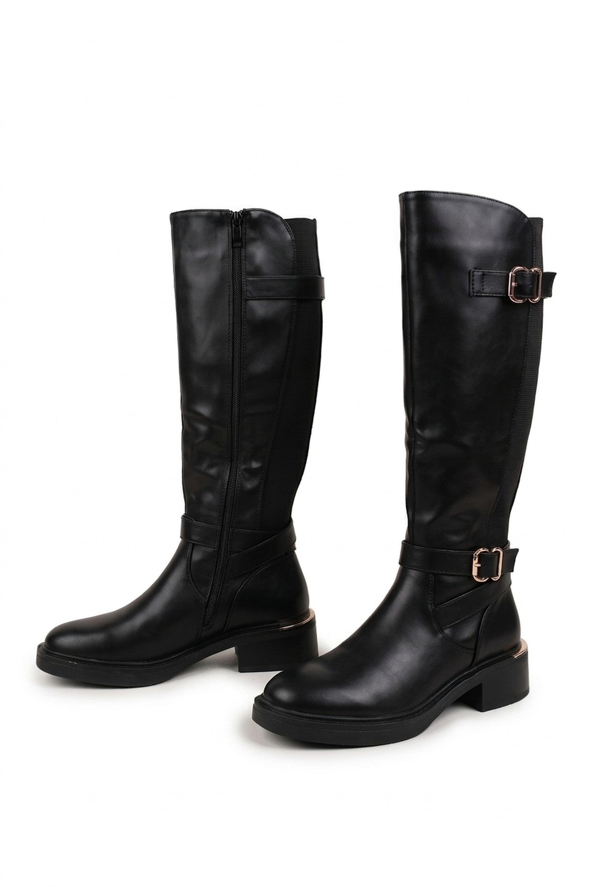 Signe Double Buckle Knee High Riding Boots - Black_wb