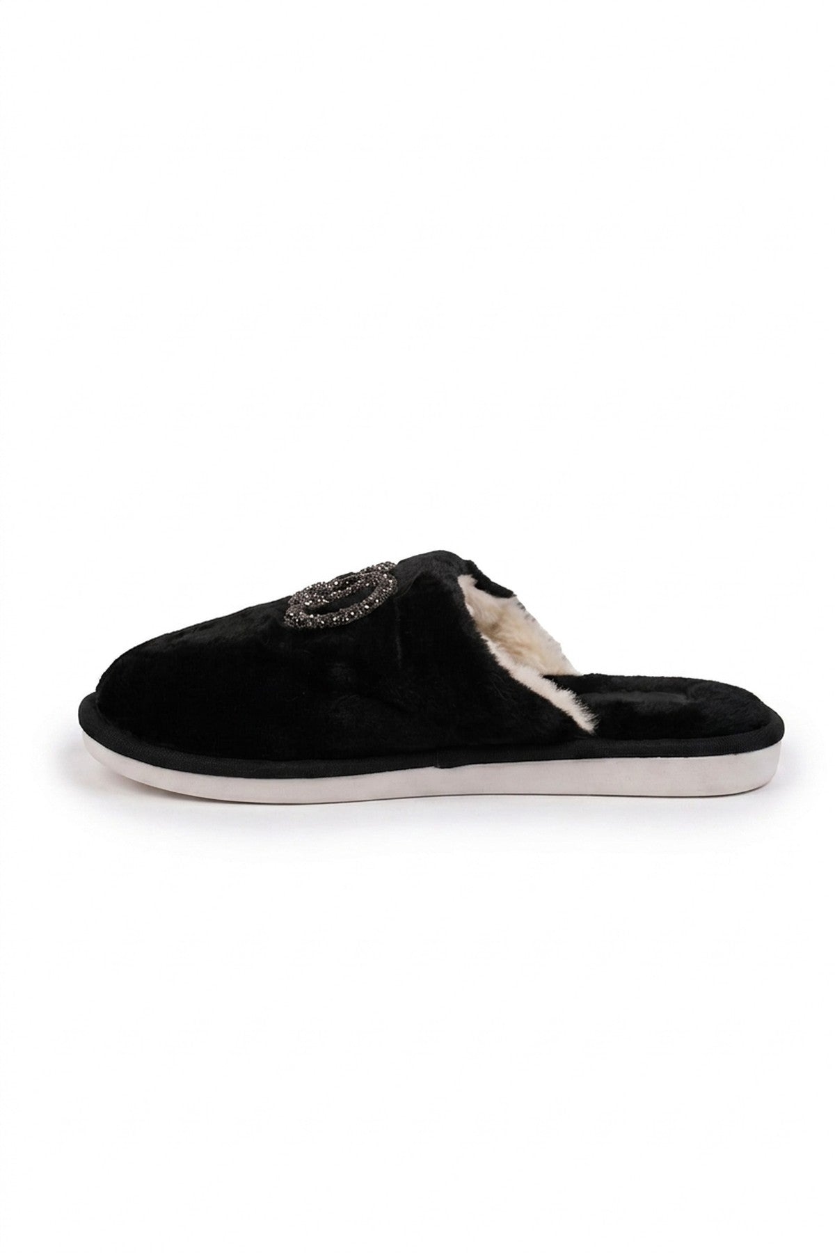 Silke Faux Fur Embellished Slippers - Black_wb