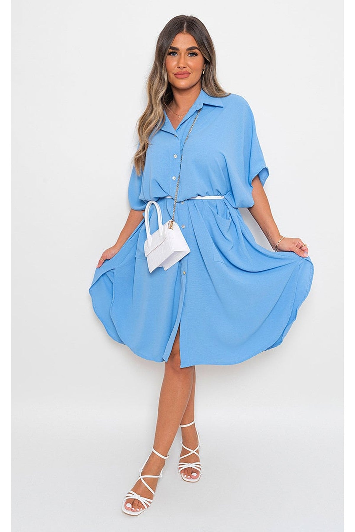 Nancy Button Down Collared Midi Dress With Two Front Pockets - Sky Blue