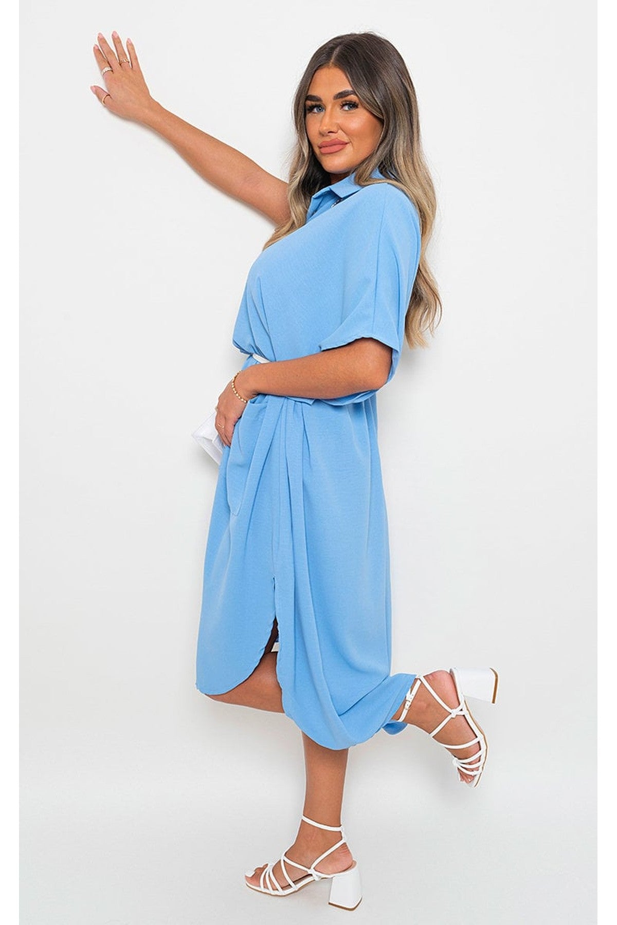 Nancy Button Down Collared Midi Dress With Two Front Pockets - Sky Blue