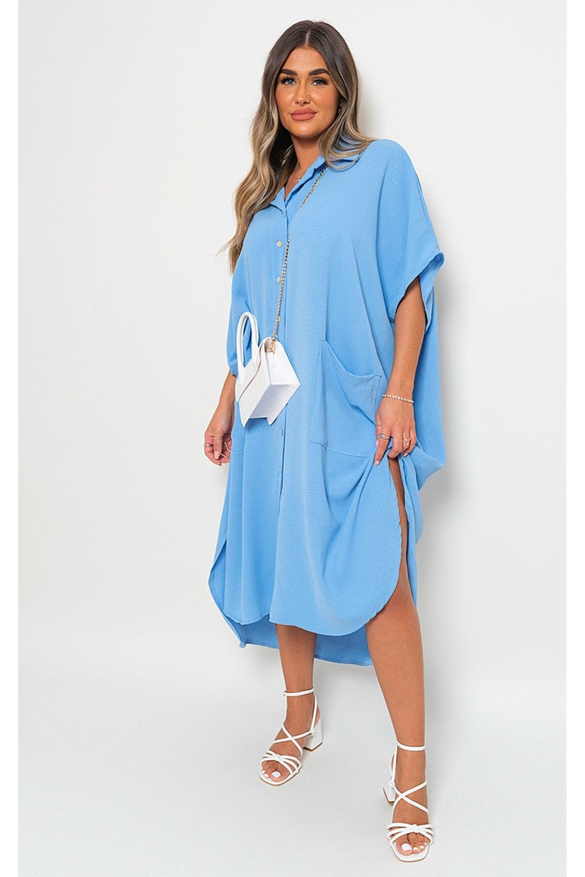 Nancy Button Down Collared Midi Dress With Two Front Pockets - Sky Blue