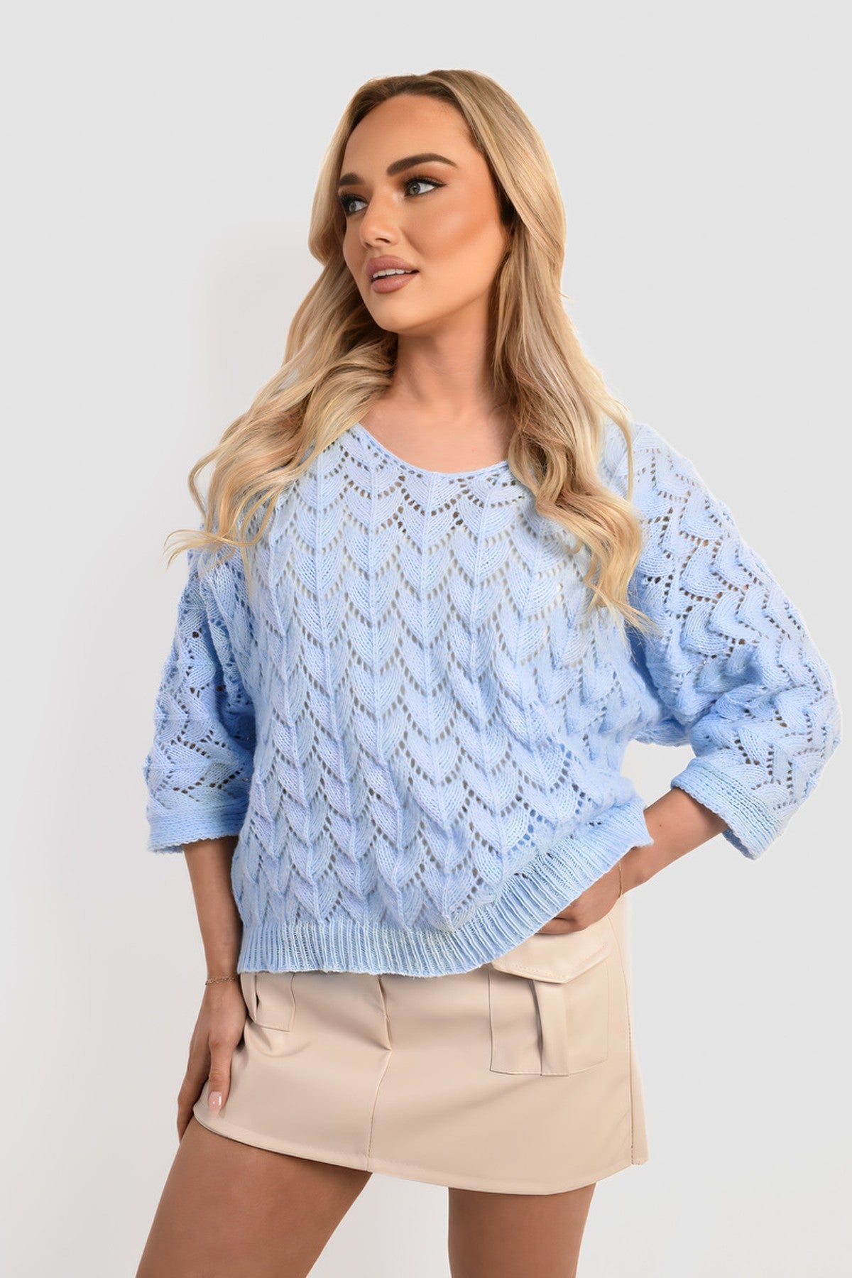 Eliza Half Sleeve Chunky Cable Knit Jumper - Sky Blue