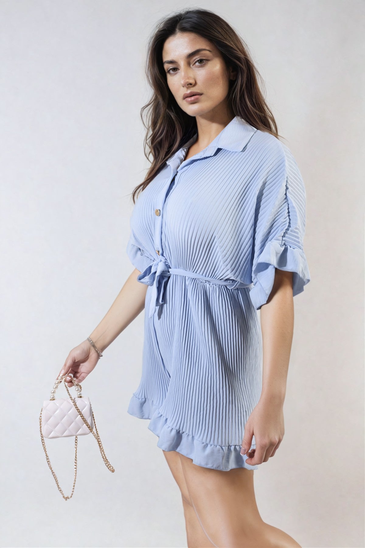Marissa Pleated Frill Ruffle Tie Waist Playsuit - Sky Blue
