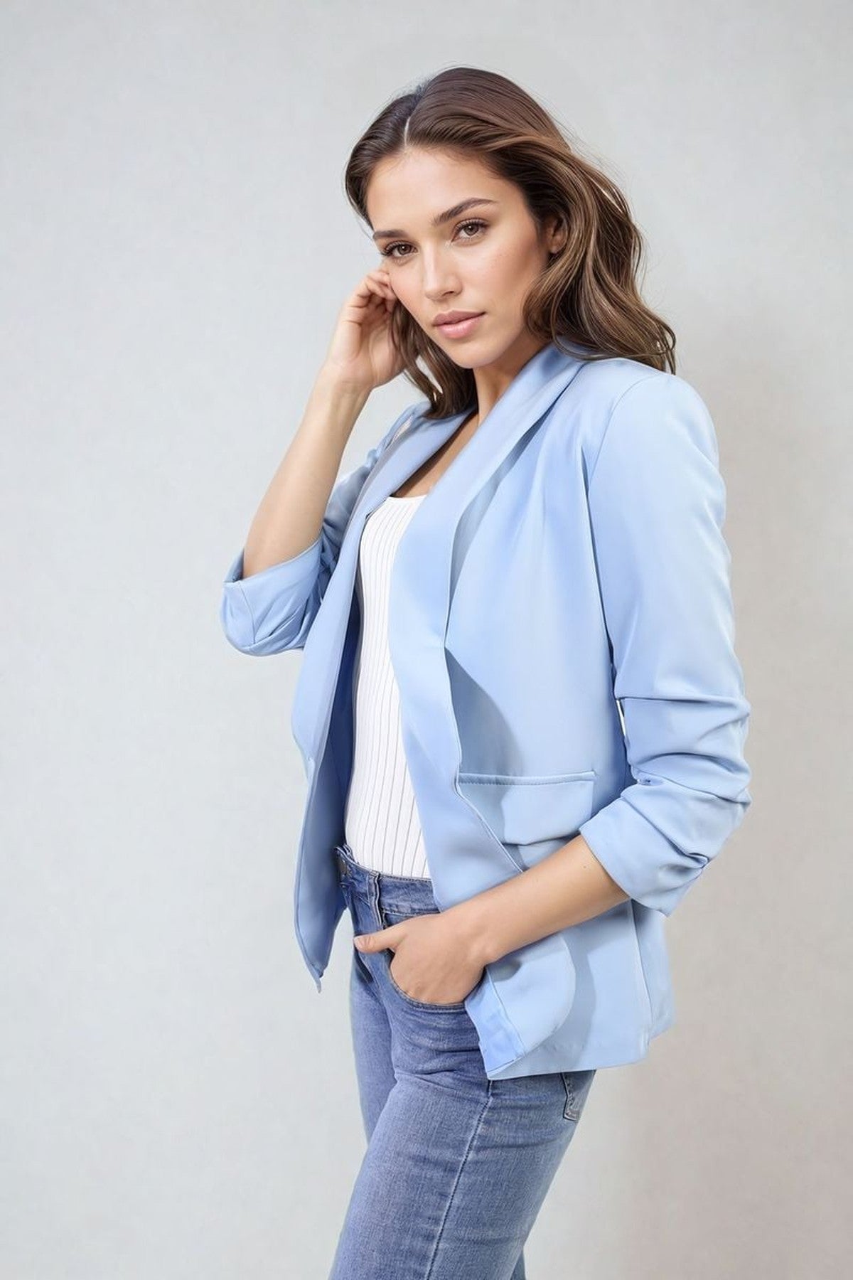 Valerie Ruched Sleeve Open Front Blazer Jacket With Front Pockets - Sky Blue