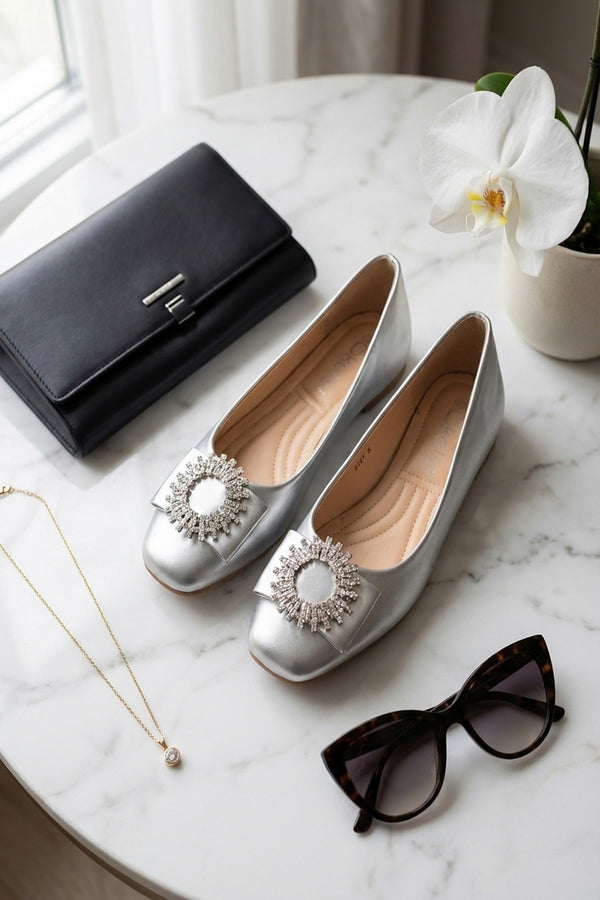 Sophie Womens Rhinestone Circle Buckle Ballet Flats - Silver