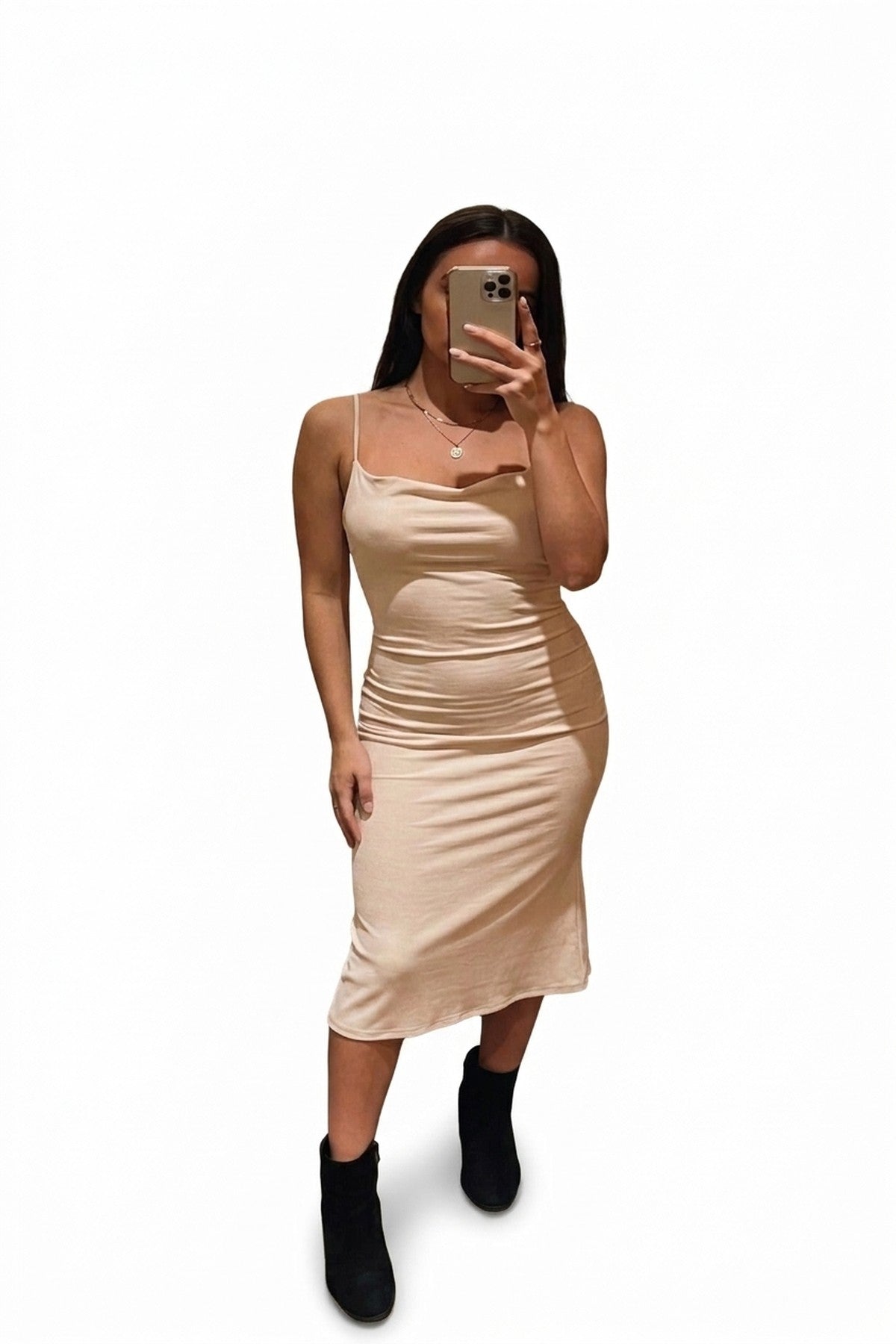 Elenya Spaghetti Strap Bodycon Midi Dress - Beige_wb