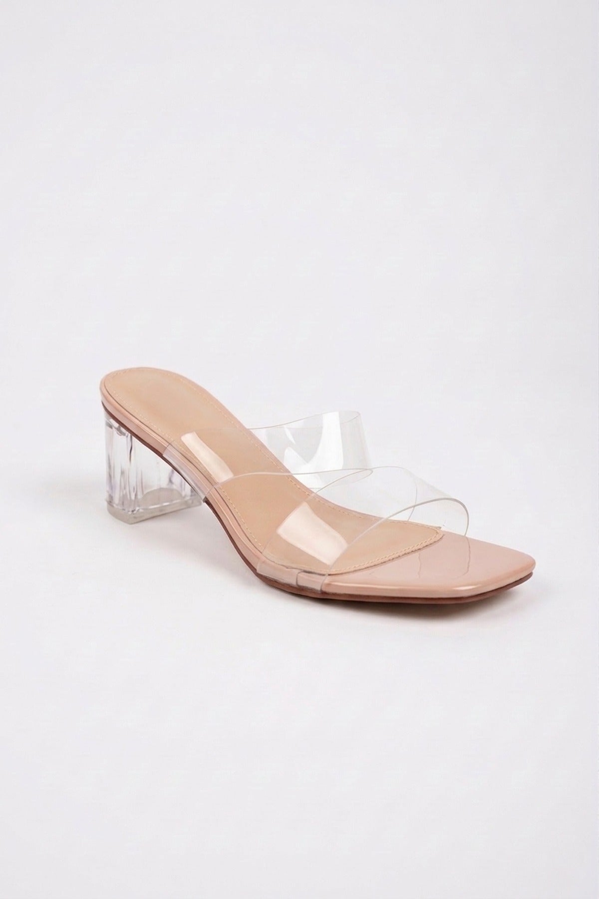 Genevieve Clear Strap Low Block Heel Mules - Beige