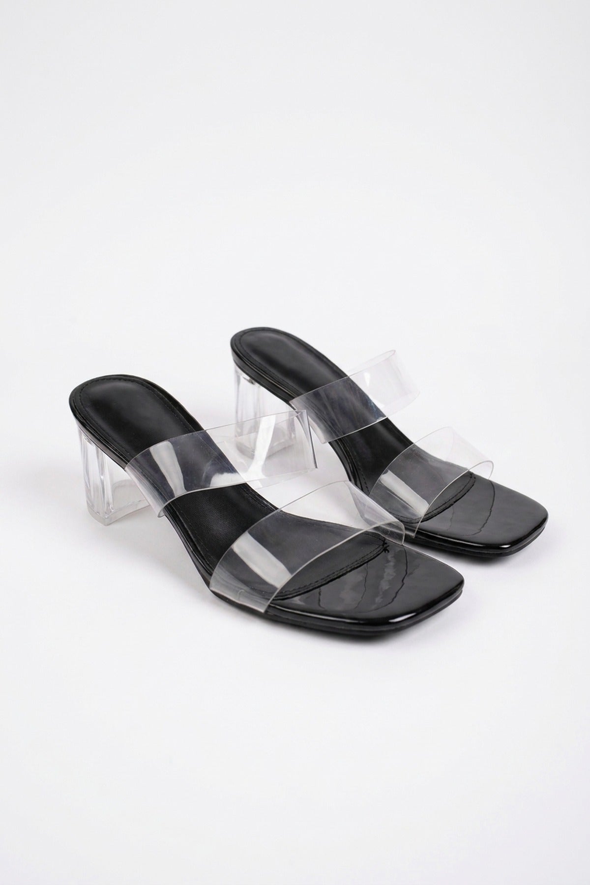 Genevieve Clear Strap Low Block Heel Mules - Black