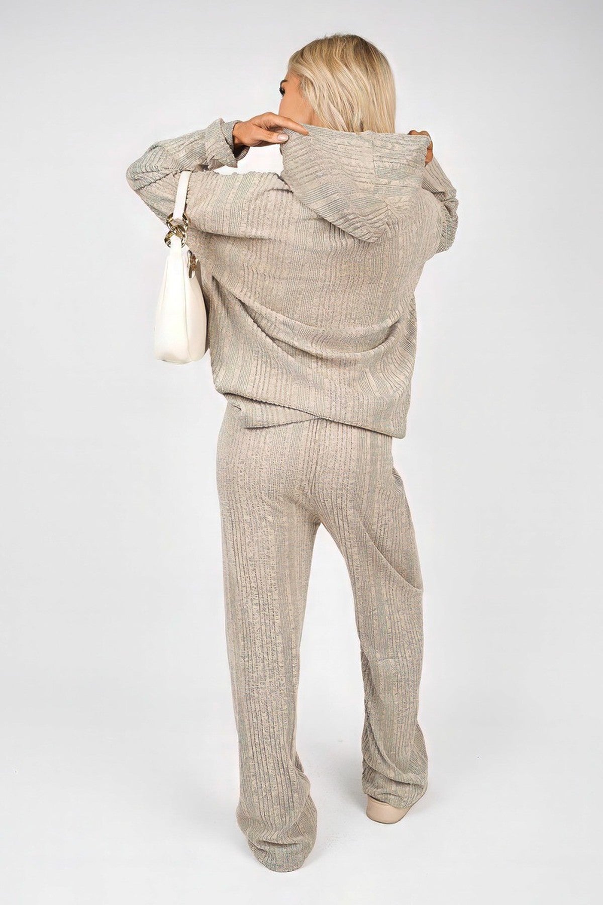 Zayana Hooded Ribbed Oversized Top And Wide Leg Lounge Co-ord Set - Stone