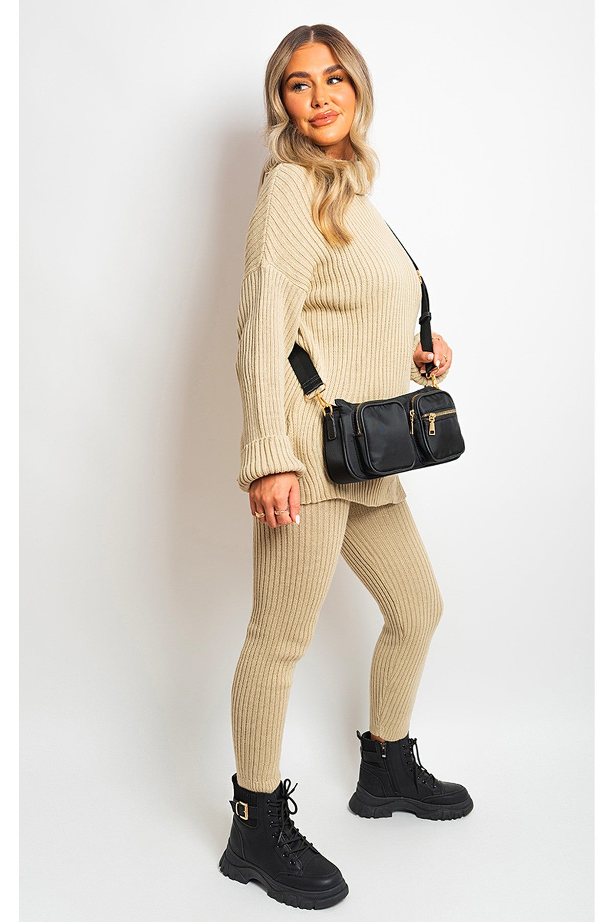 Mila Chunky Knitted High Roll Neck Top Bottom Co-ord Set - Stone