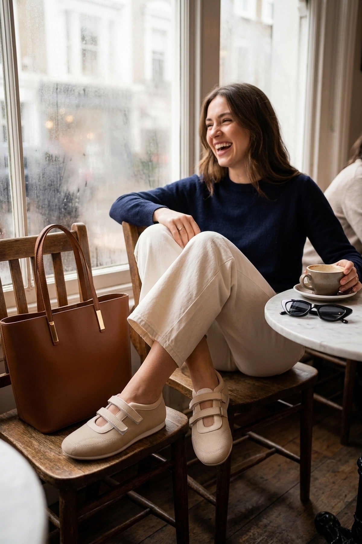 Elowen Contrast Two Strap Flat Pumps - Beige