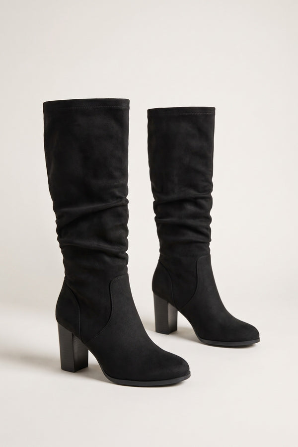 Lunara Suede Knee High Block Heel Boots - Black