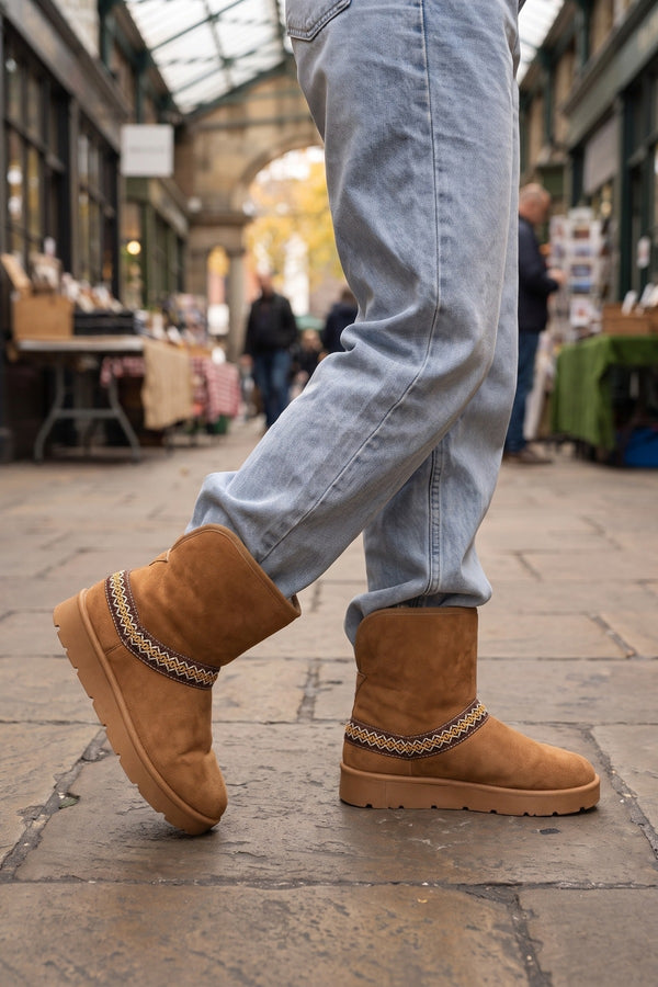 Karsie Suedette Embroidered Flat Ankle Boots - Chestnut