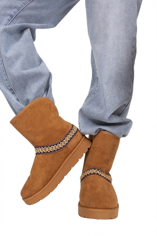 Karsie Suedette Embroidered Flat Ankle Boots - Chestnut