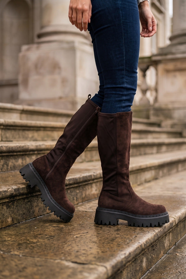 Sybil Knee High Chunky Sole Boots - Brown