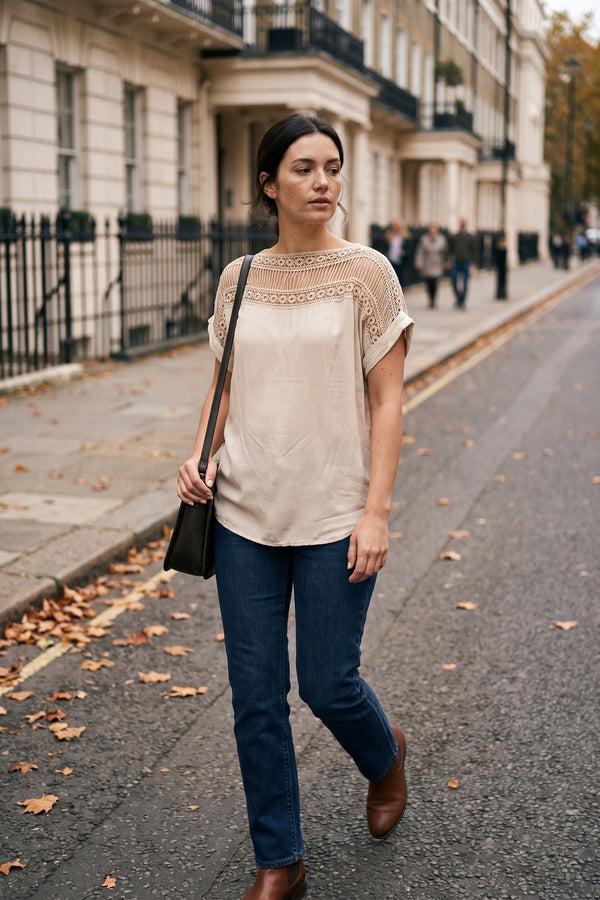 Sylvia Lace Insert Round Neck Hollow Top - Beige