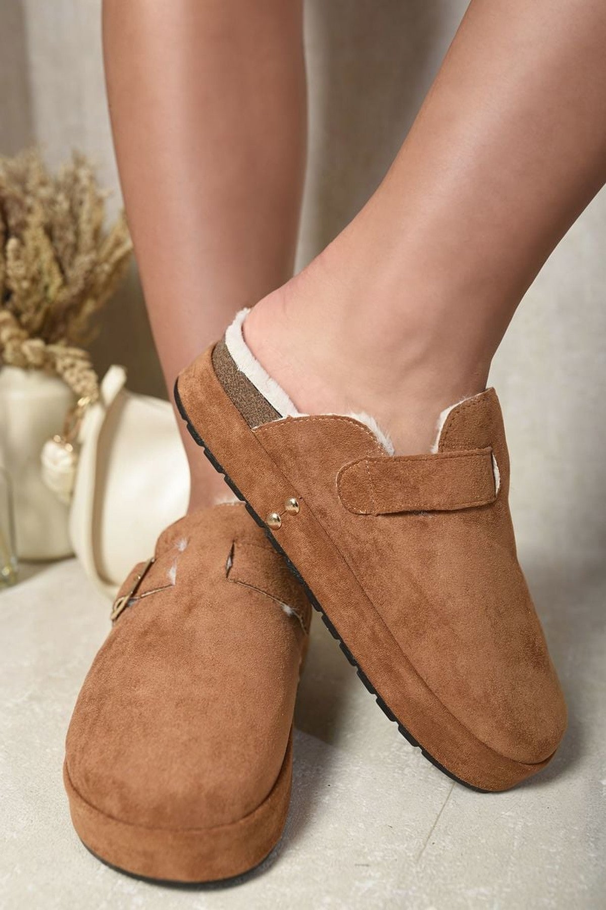 Sylvie Slip On Faux Fur Platform Clogs - Camel