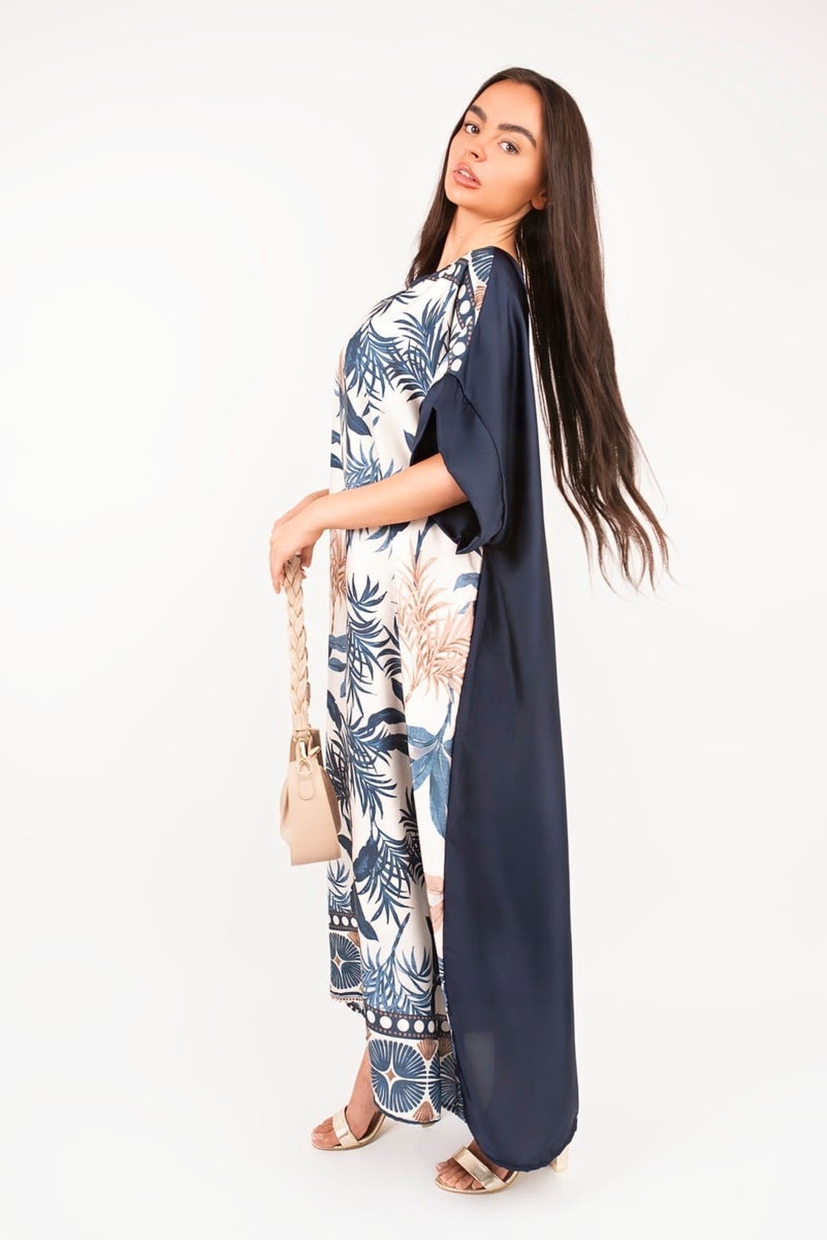 Taisley Oversized Batwing Maxi Dress With Tropical Print - Navy