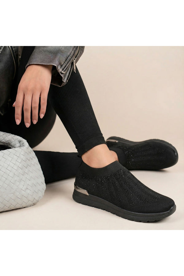 Tawnie Diamante Knit Slip-on Wedge Trainers - All Black