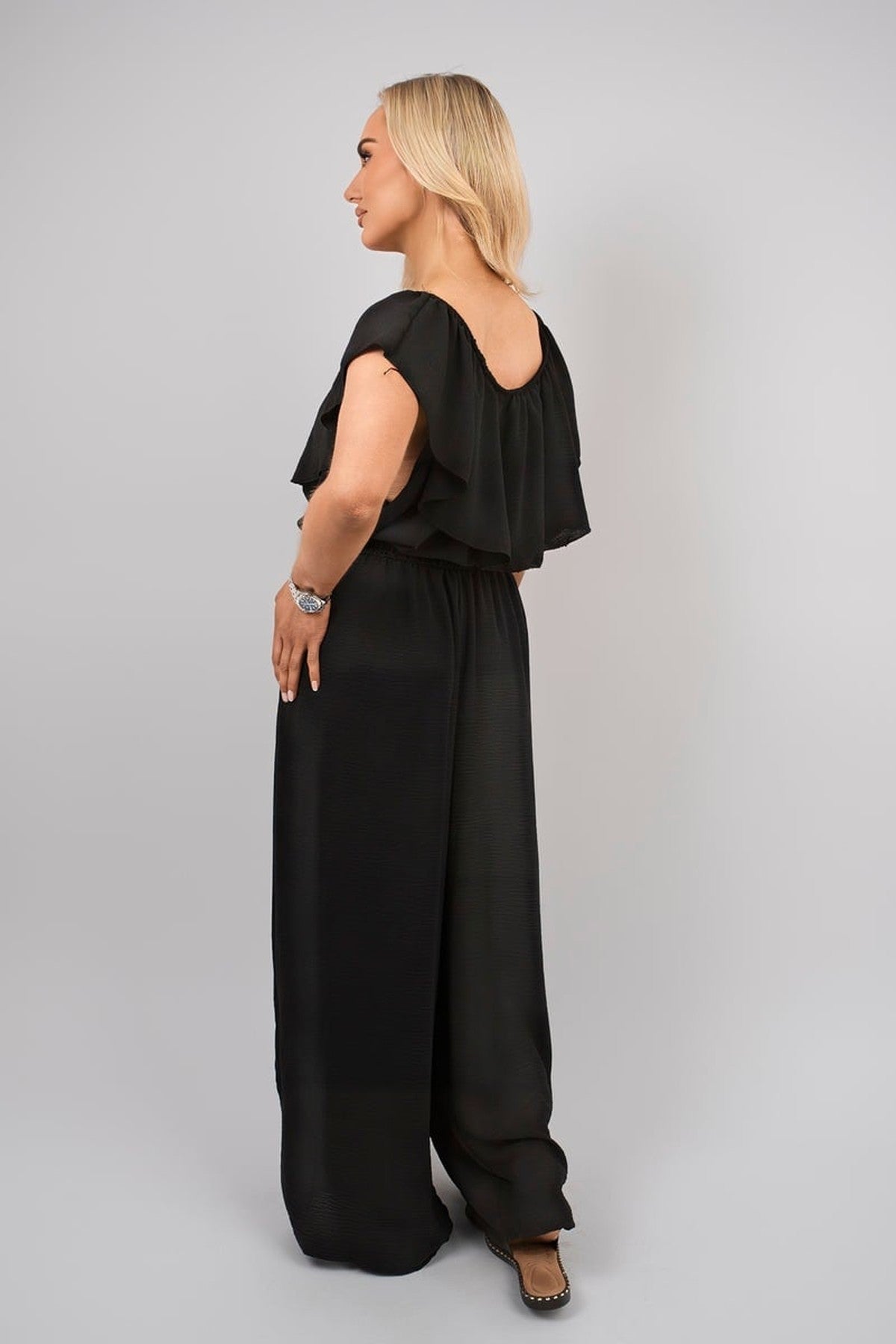 Tawnie Off Shoulder Flared Wide Leg Jumpsuit With Ruffle Detail - Black