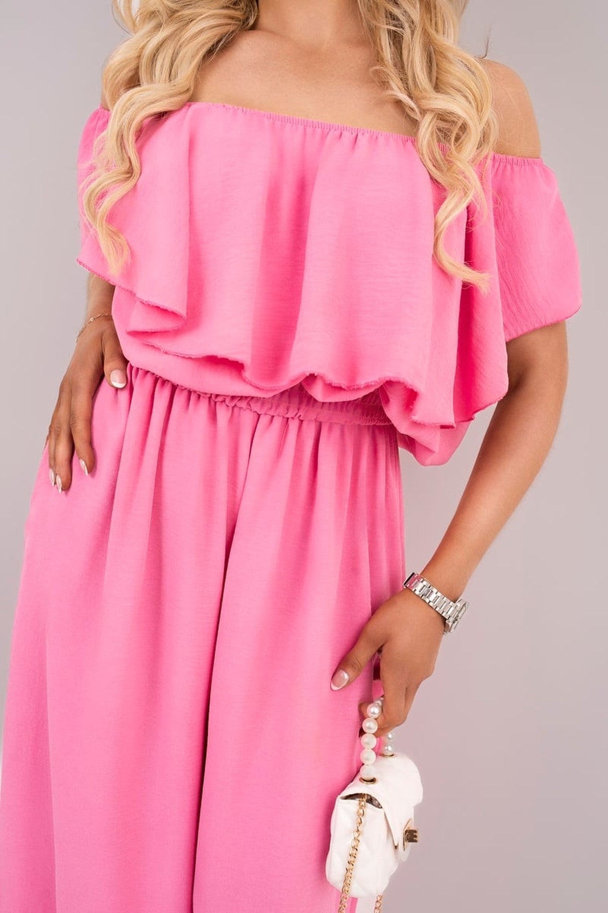 Tawnie Off Shoulder Flared Wide Leg Jumpsuit With Ruffle Detail - Pink
