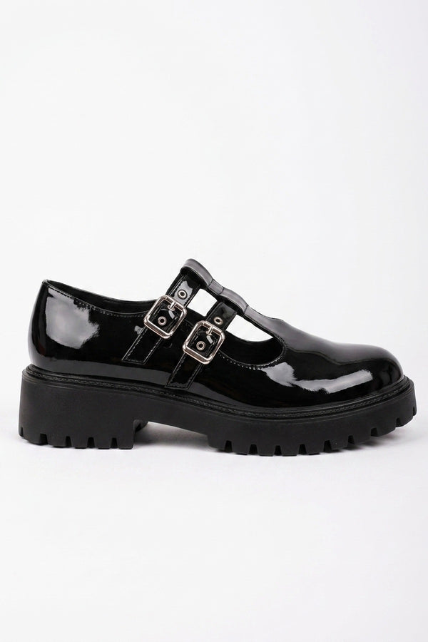 Pearl Chunky Sole Double Buckle Shoes - Black