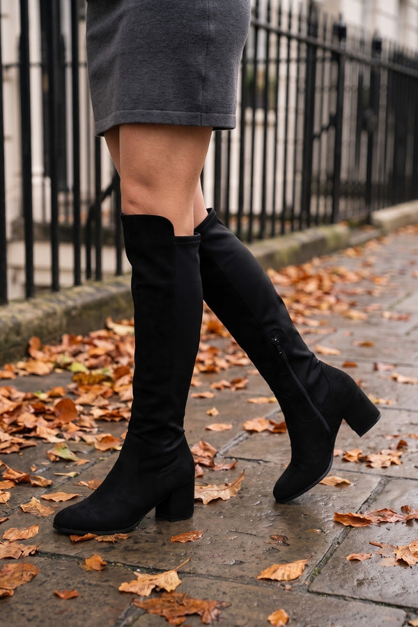Teagan Faux Suede Over The Knee Block Heel Boots - Black
