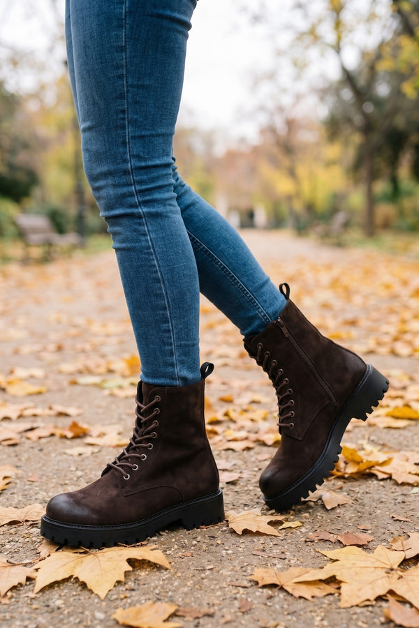 Thora Faux Suede Chunky Sole Boots - Brown