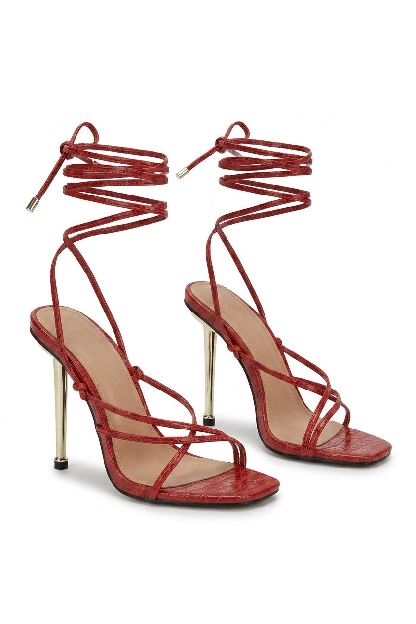 Tina Square Toe Strappy High Heels - Red_wb