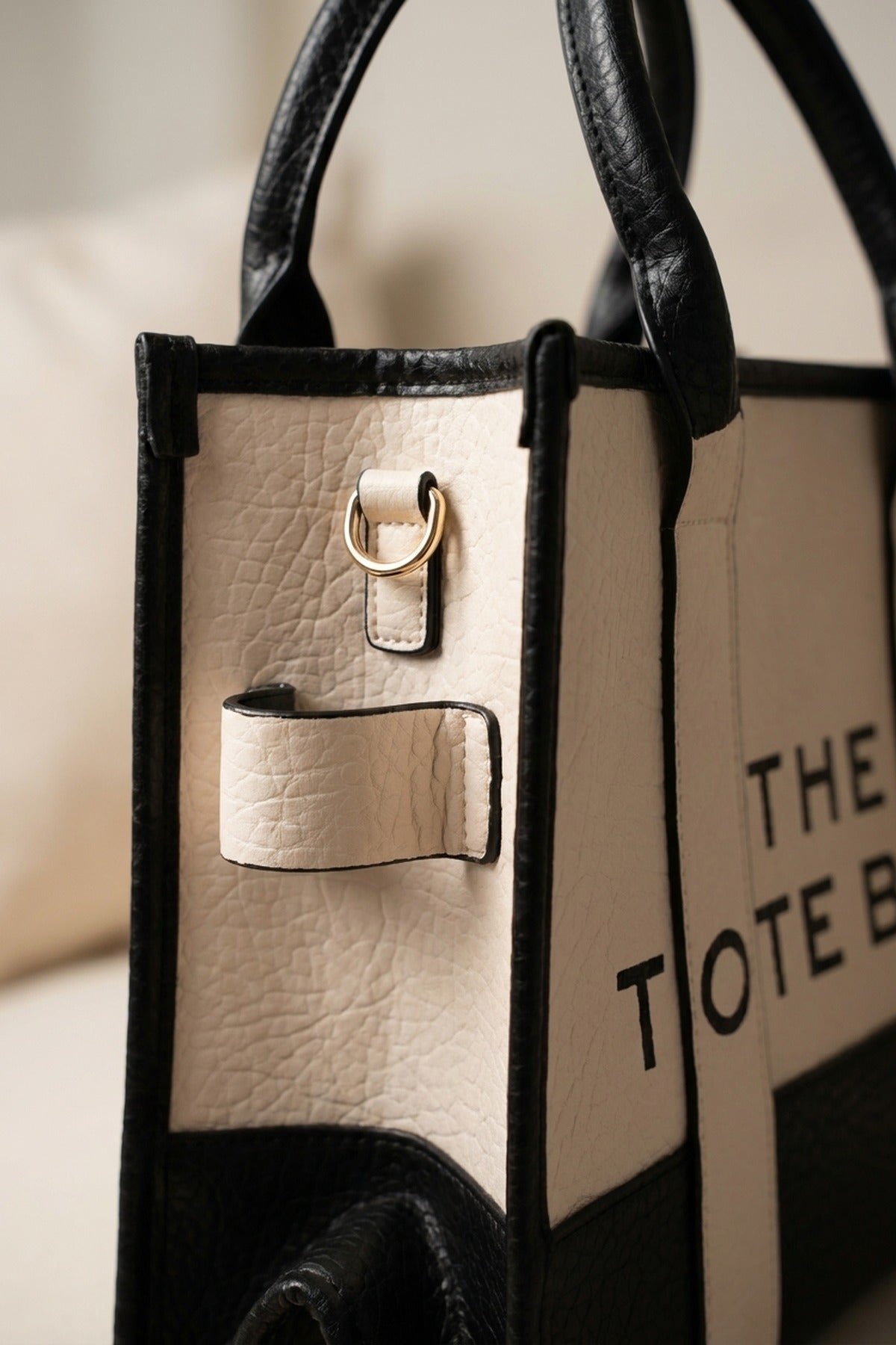 Matilde Two Tone Pebbled Faux Leather Printed Tote Bag - Black