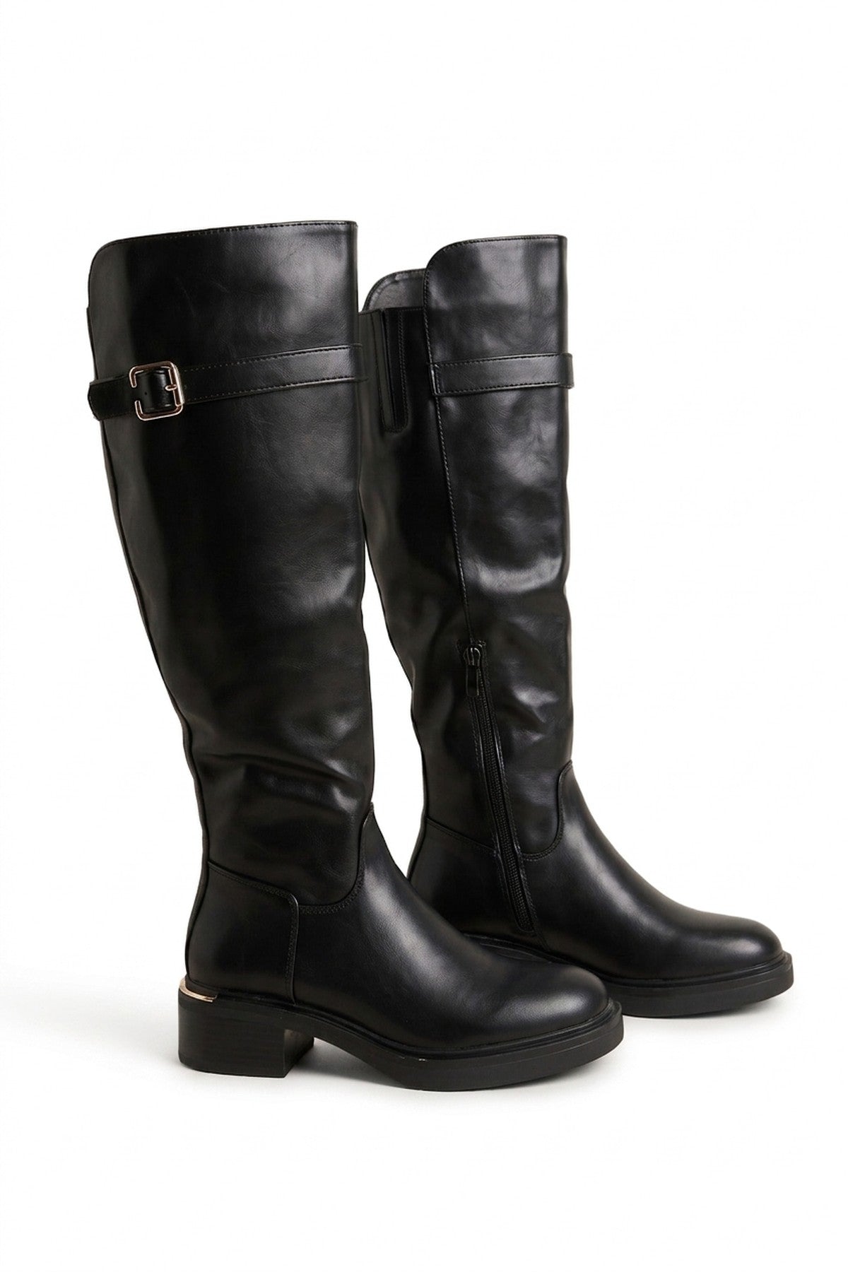 Tove Buckle Strap Knee High Riding Boots - Black_wb