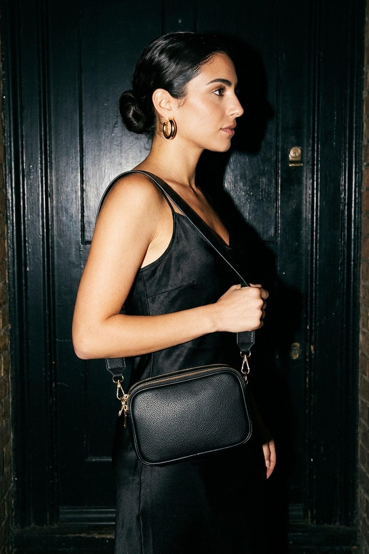 Giada Pebbled Faux Leather Triple Zip Shoulder Bag - Black