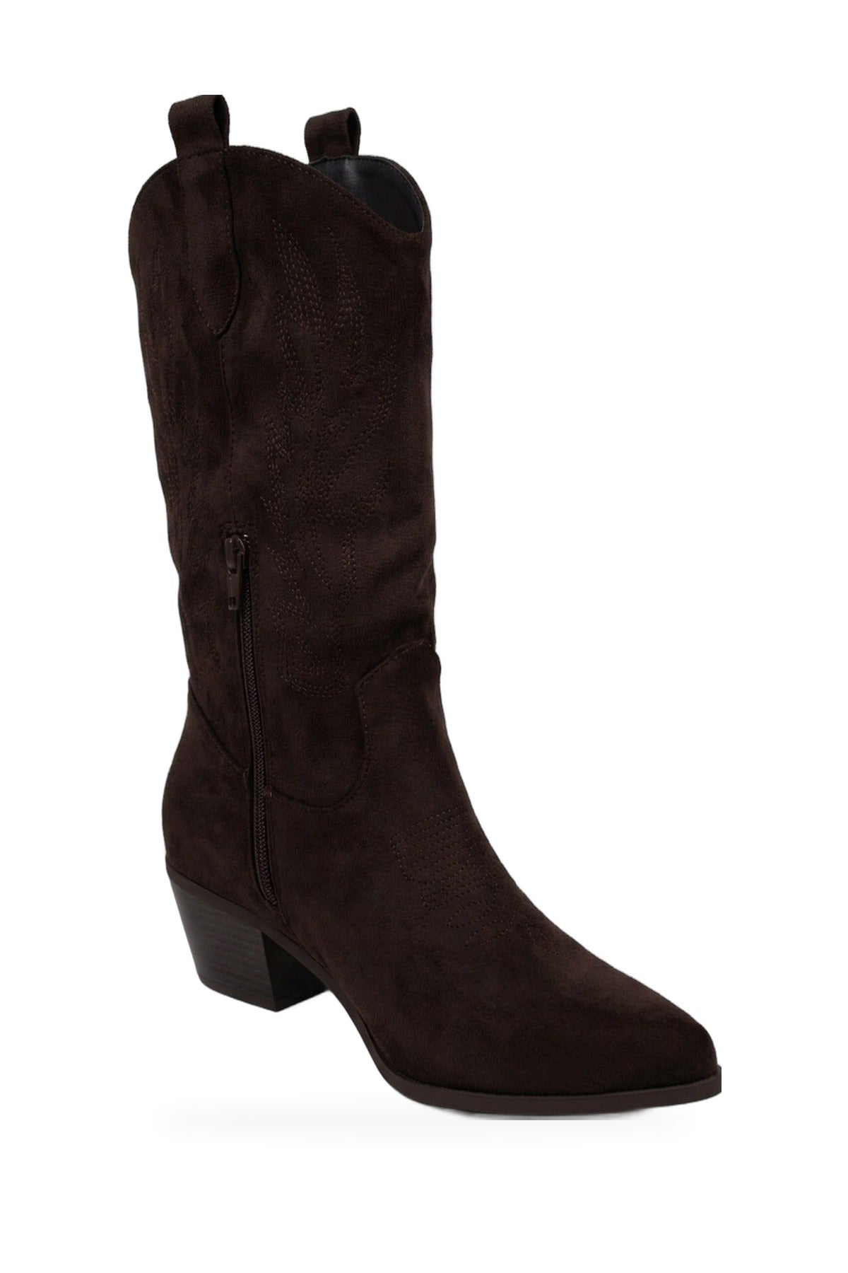 Tula Faux Suede Embroidered Western Boots - Brown