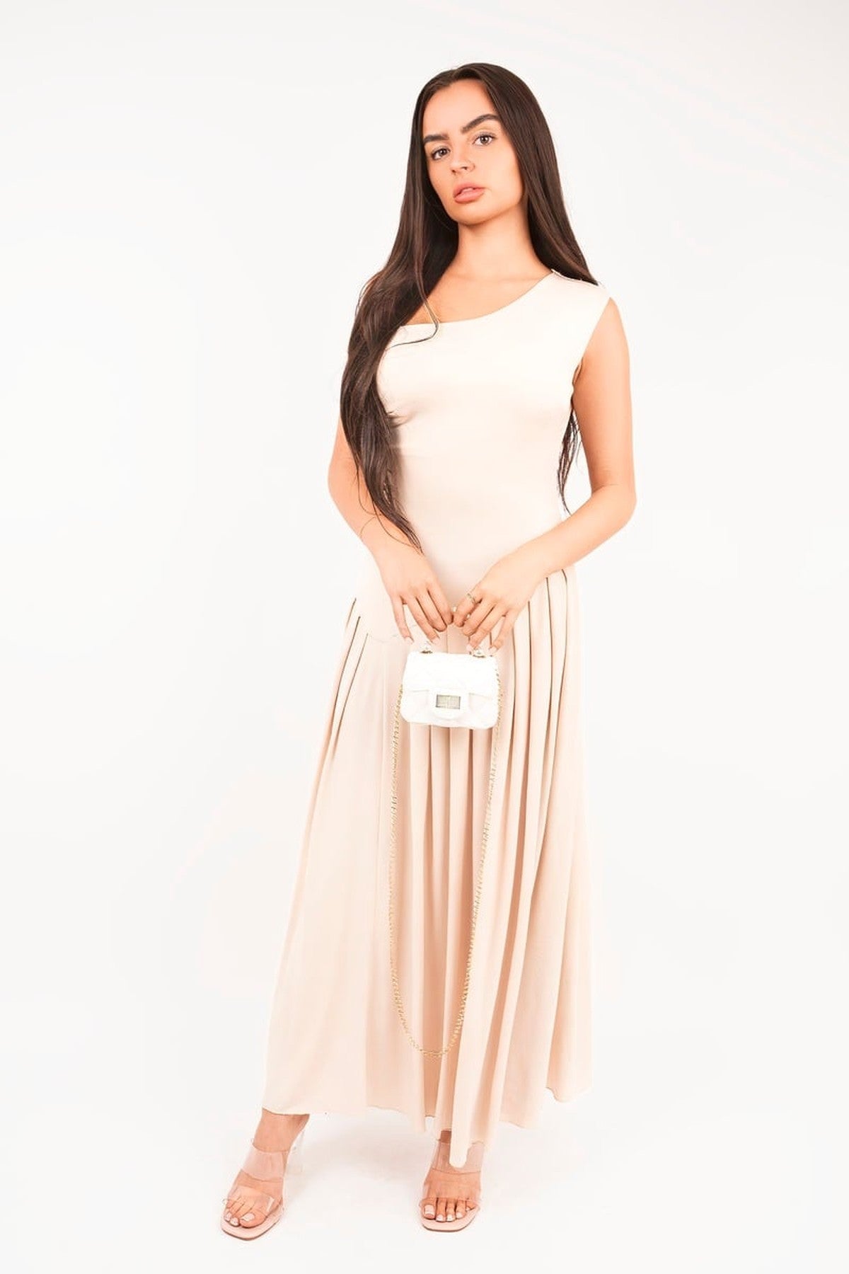 Tylah Short Sleeve Pleated Relaxed Maxi Dress - Beige