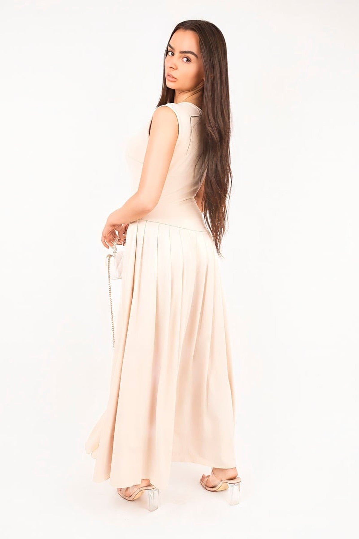 Tylah Short Sleeve Pleated Relaxed Maxi Dress - Beige