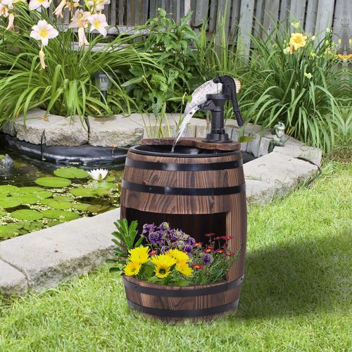 Outsunny Wood Barrel Pump Garden Fountain Water Feature Flower Planter Stand New - Brown