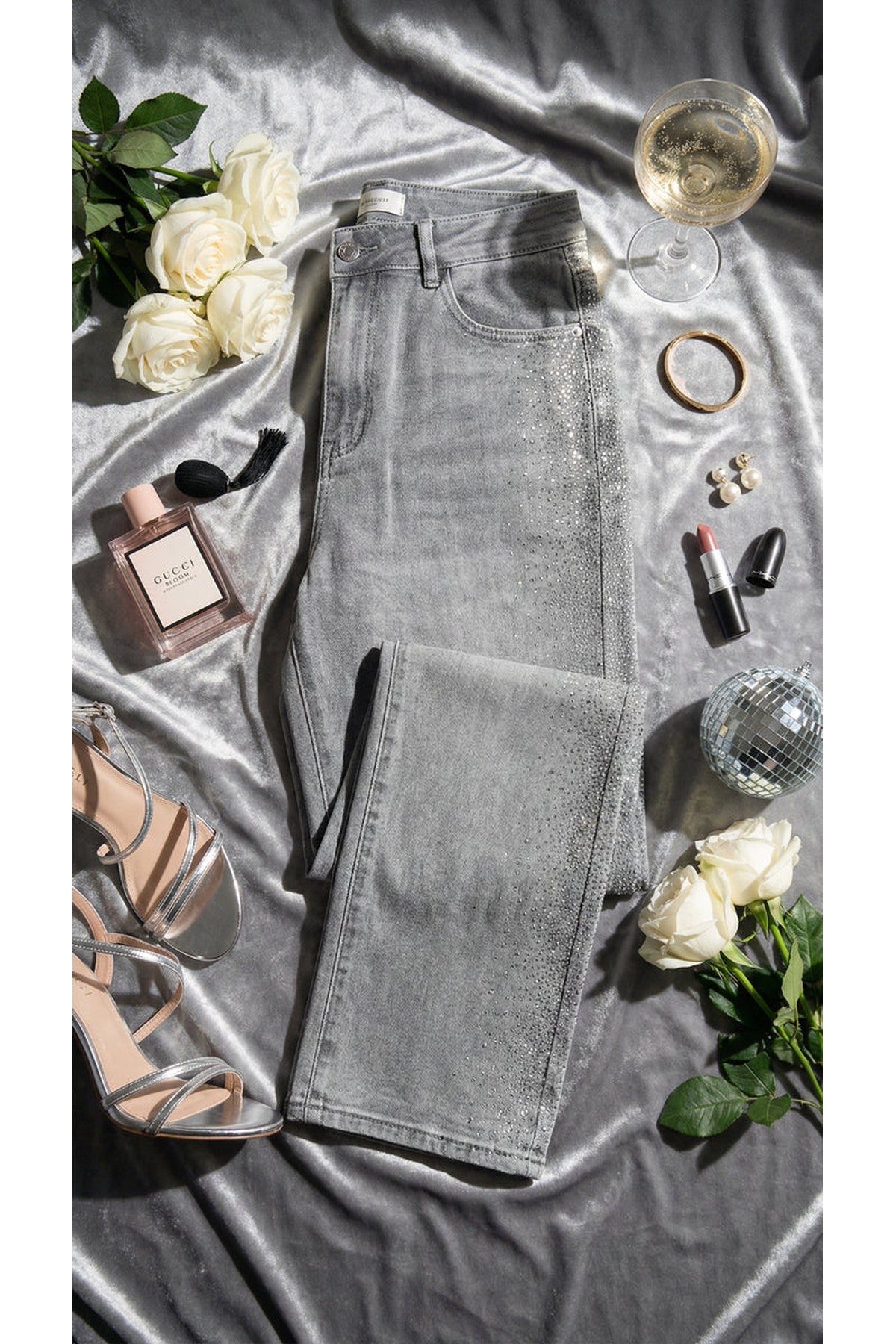 Elyndra High Waisted Sparkle Straight Leg Jeans - Grey