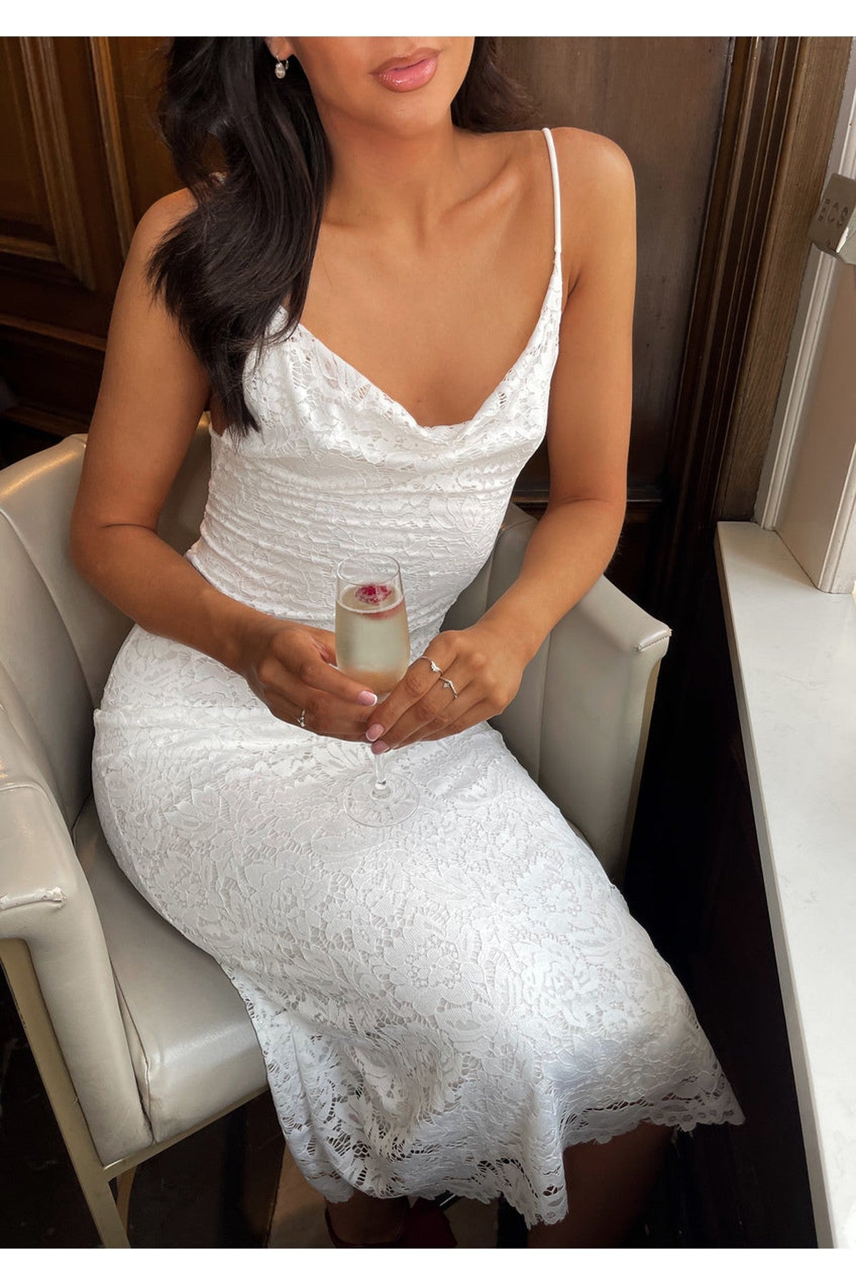 Viviana Strappy Floral Lace Midi Dress - White
