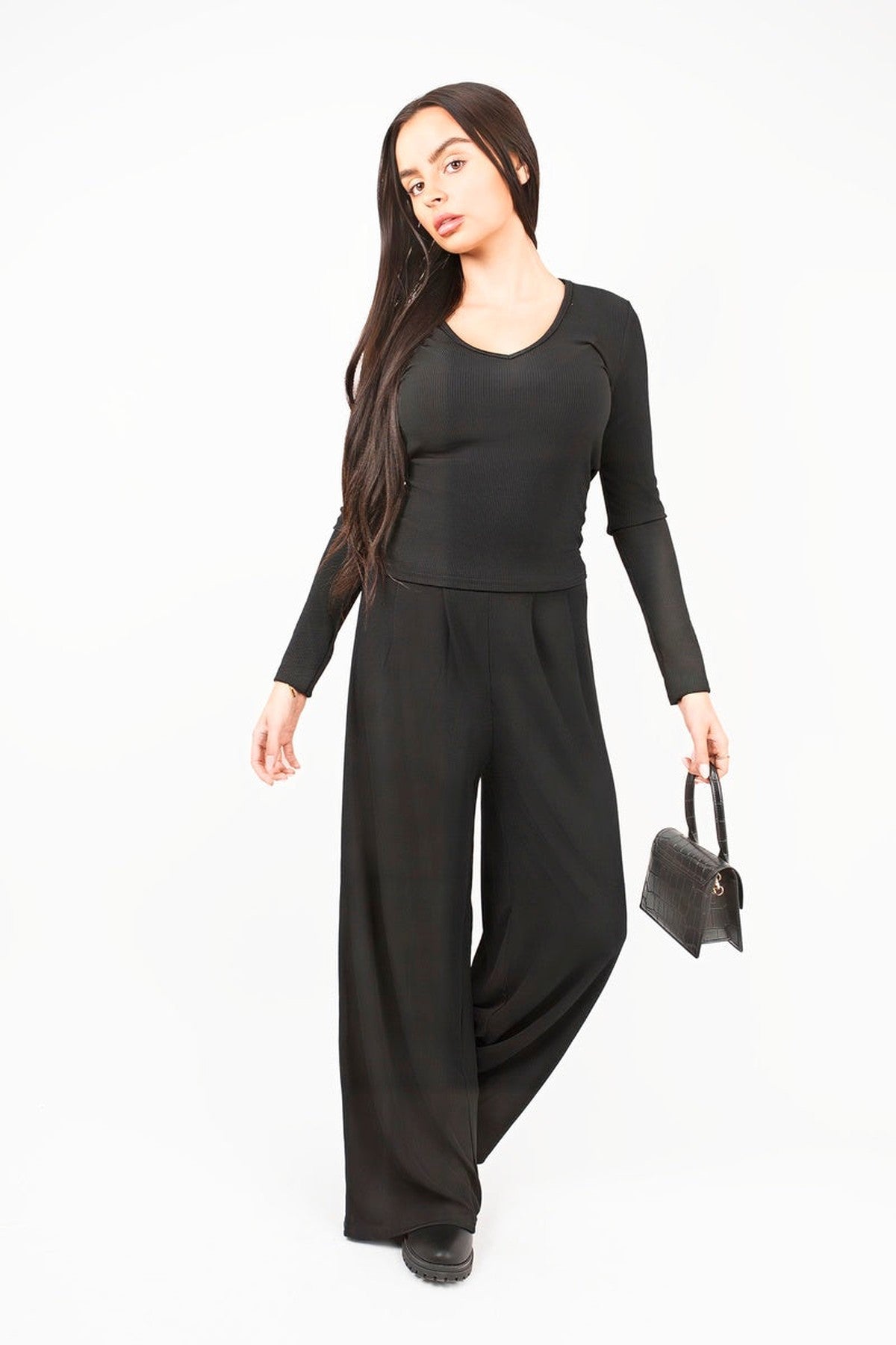 Enaya V Neck Long Sleeve Ribbed Top & Wide Leg Trousers Co-ord Set - Black
