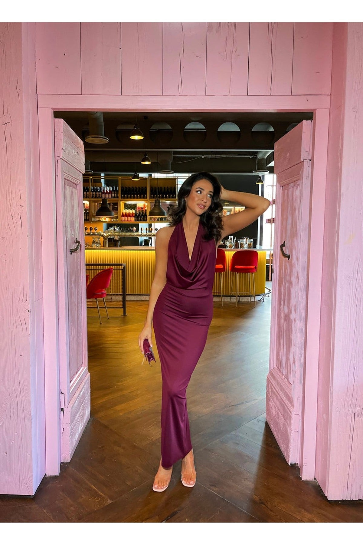 Nova Plunge Cowl Neck Backless Maxi Dress With Back Slit - Maroon