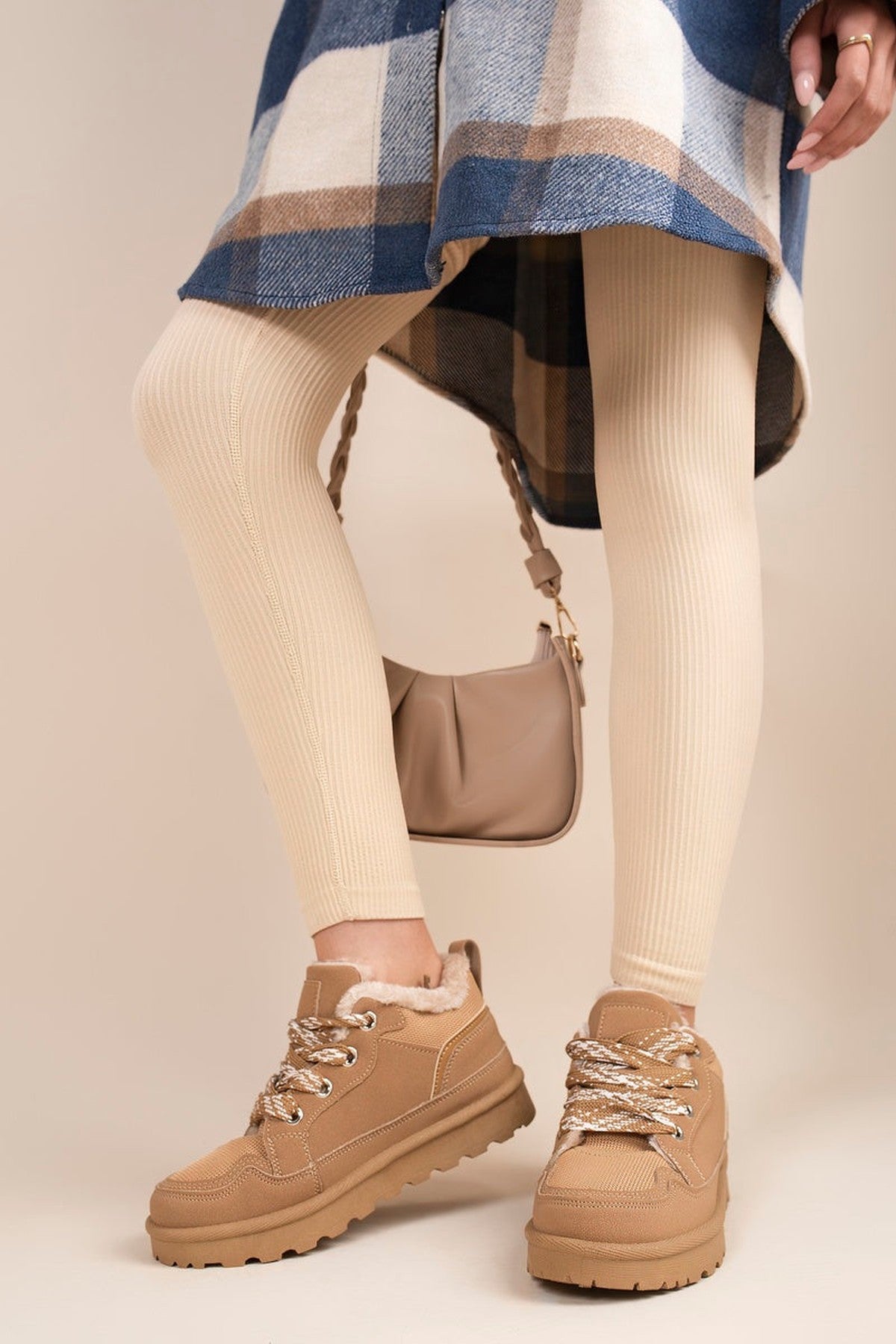 Leiza Chunky Lace Up Faux Fur Trainers - Camel