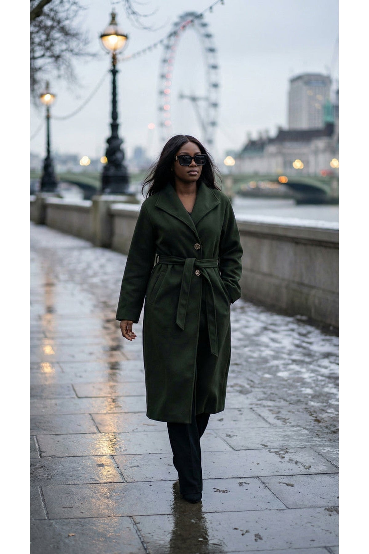 Marelle Belted Longline Coat With Button Detail - Khaki